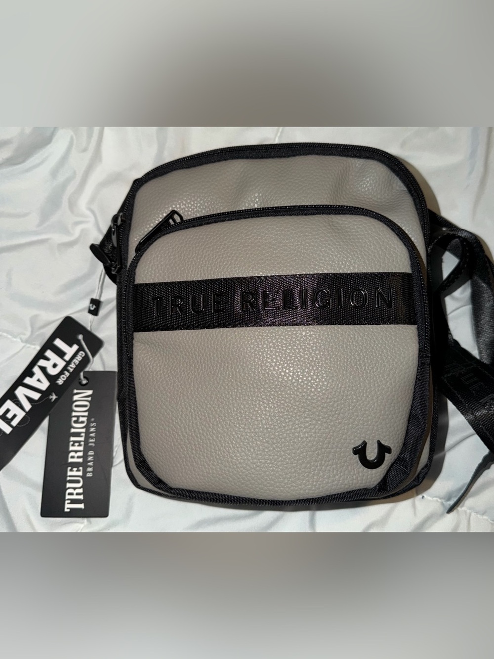 True Religion Pebbled Light Gray Crossbody with Black Accents